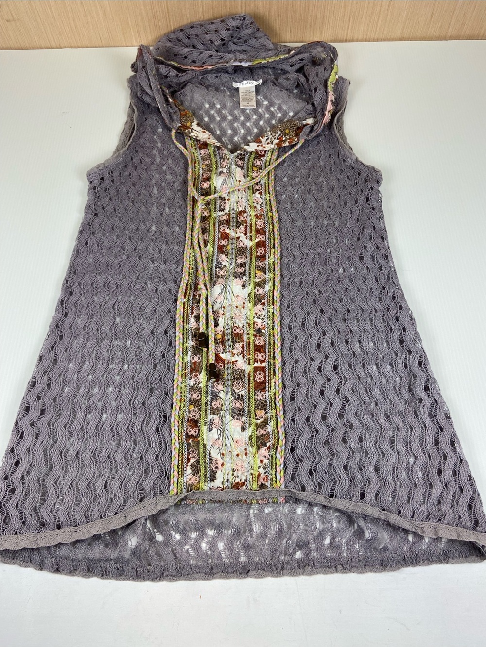 Esley Boho Hooded Crochet Vest Tunic Medium Gray Open Knit